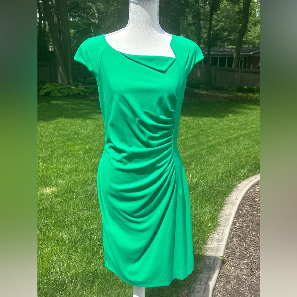 Calvin Klein green work dress, ruched, 8